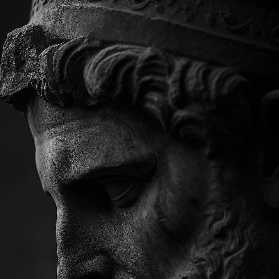 A dark stone portrait of an ancient Greek thinker with a beard and bowed head.